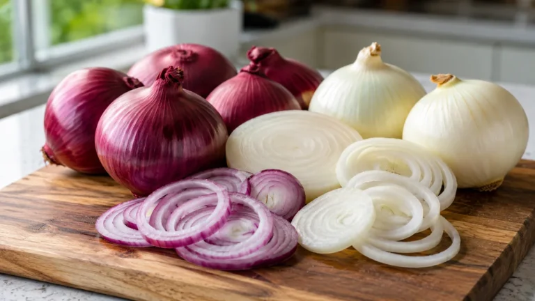 بصل أحمر وأبيض طازج مع حلقات بصل مقطعة على لوح خشبي
