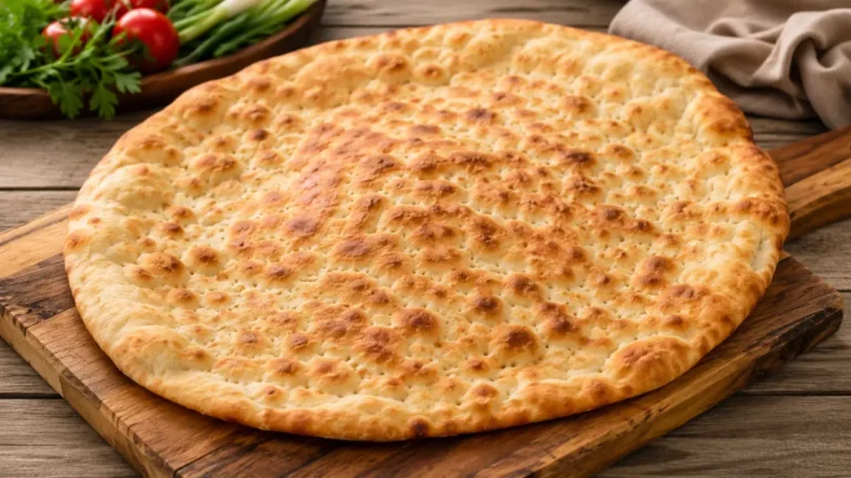رغيف تميس تنّوري كبير ذهبي رقيق على لوح خشبي