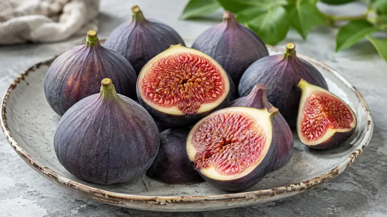تين طازج كامل وبعضه مقطوع يظهر لبّه الأحمر على طبق ريفي
