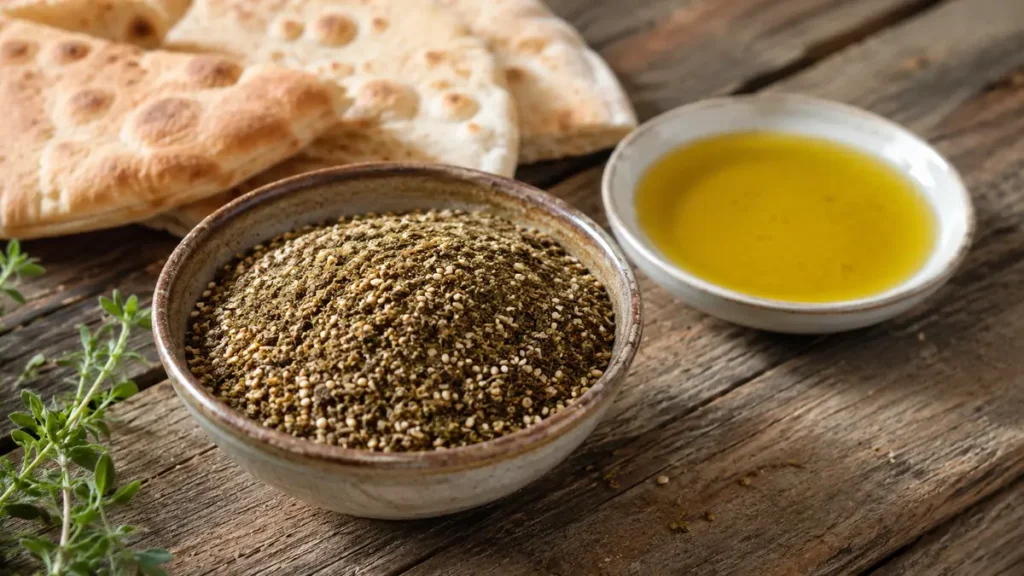 وعاء صغير من خلطة الزعتر الجاف بالسمسم بجانب صحن زيت زيتون وخبز على طاولة ريفية