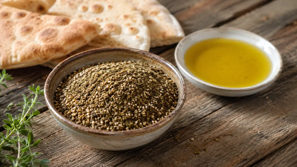 وعاء صغير من خلطة الزعتر الجاف بالسمسم بجانب صحن زيت زيتون وخبز على طاولة ريفية