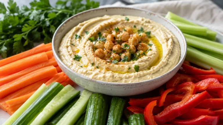 أفكار وجبات دايت باستخدام الحمص طبق حمص بطحينة مزيّن بحبوب الحمص وزيت زيتون وبقدونس محاط بخضار مقطّعة للغمس