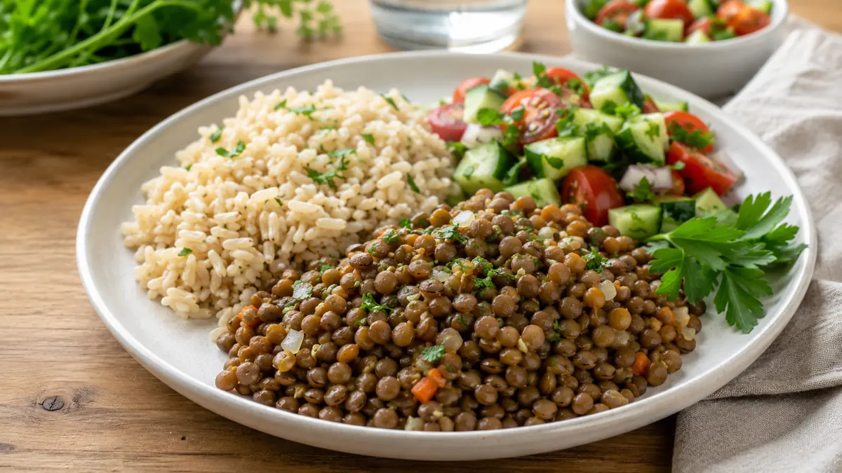 أفكار وجبات دايت باستخدام العدس طبق عدس بني مطبوخ مع أرز بني وسلطة خضار طازجة