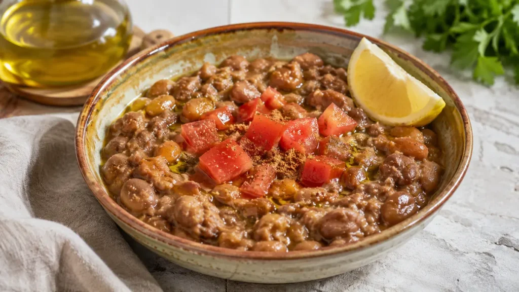 أفكار وجبات دايت باستخدام الفول طبق فول مدمس مزيّن بالطماطم المقطّعة ورشة زيت زيتون وكمون وشريحة ليمون