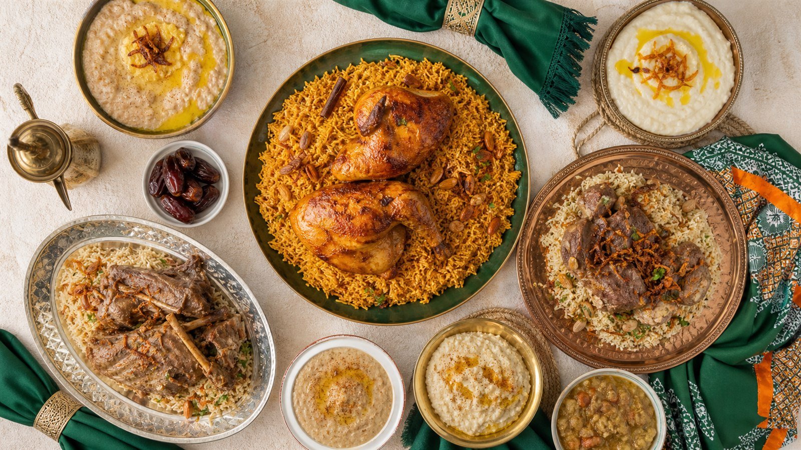 مائدة تضم أطباقًا سعودية من الأرز واللحم والجريش والسليق
